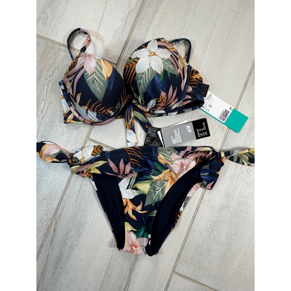 HM Tropical Floral Push Up Bikini Set Navy Blue Orange Underwire 38C Medium 12